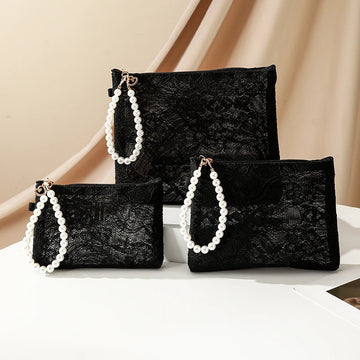 Sweet Cosmetic Pouch with Imitation Pearl Chain Women Lace Small Makeup Bag Travel Organizer Cosmetic Coins Handbag Case