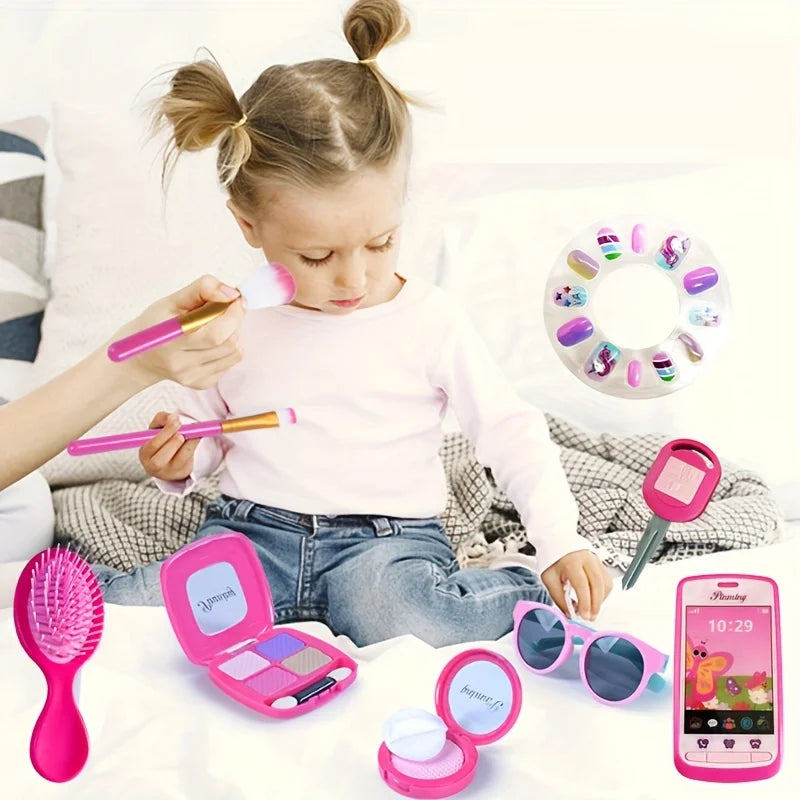 Pretend Makeup Kit For Girls With Cosmetic Bag Toy Makeup Playhouse- Cellphone Travel Set, Nail Beauty Set Lipstick Fun Game