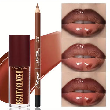 2pcs/SET Makeup Set: Matte Lip Liner + Moisturizing Colored Lip Oil,Long-Lasting and Easy to Color, Waterproof,ini Makeup Combo